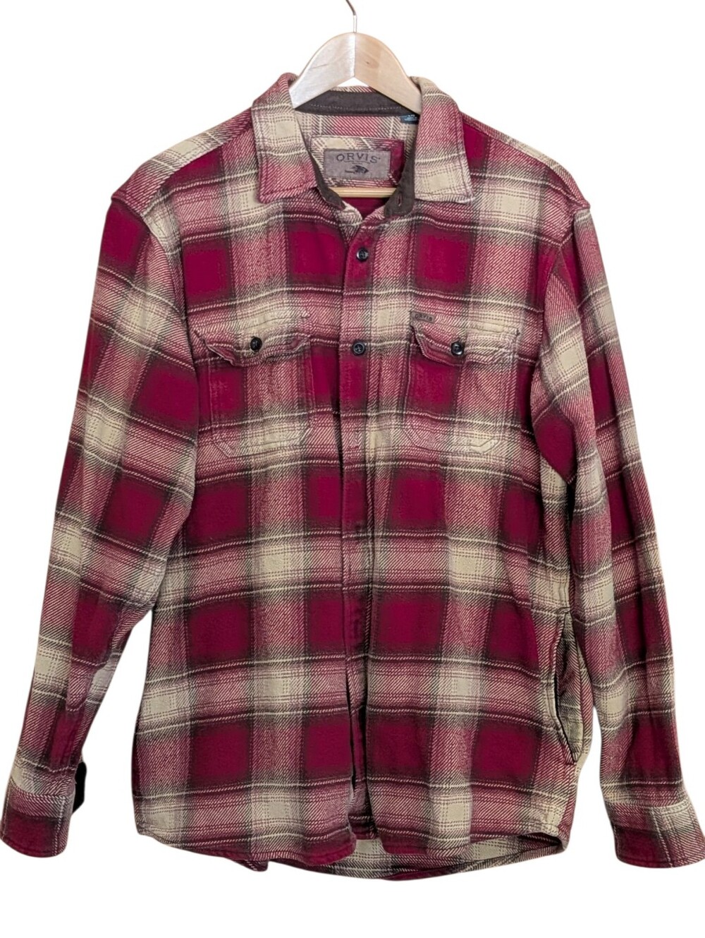 Orvis Men's Red Plaid Button-Up Shirt Jacket Shacket Large Lumberjack Chore Coat